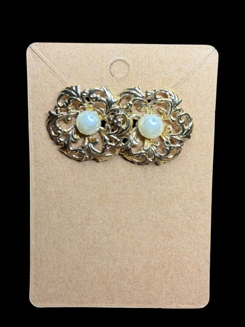 Vintage Faux Pearl Stud Earrings w/Gold Tone Filigree Floral 1” round